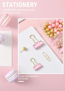 Close-up of macaron pink binder clips and gold paper clips in a creative office set