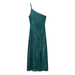 Elegant emerald green sequin one-shoulder dress with a thigh-high side slit for parties