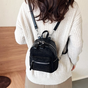 Mini mochila elegante negra para mujer de cuero PU con diamantes de imitación brillantes