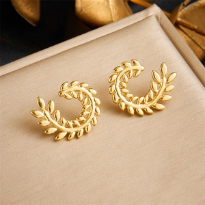 Wheat Ear Leaf Stud Earrings Stainless Steel Gold Plated C Shape Minimalist Fashion Jewelry Elegant Accessory For Women