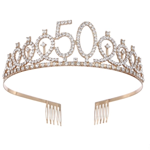 Golden 50th birthday tiara with rhinestones and side combs for women's party