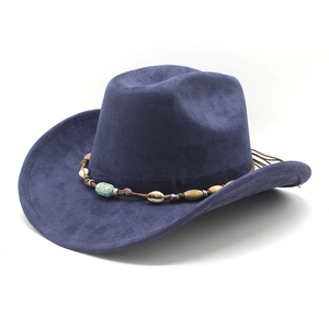 Detail of navy blue suede cowboy hat with ethnic beads and turquoise shell band