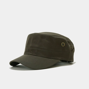 Detail view of army green cadet cap with brass eyelets and reinforced stitching on the brim