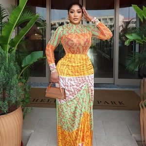 Detailed view of colorful letter print long sleeve bodycon dress with high neck