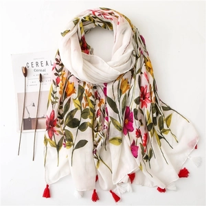 Vintage Floral Print Scarf Shawl Polyester Cotton Linen Feel Tassel Ethnic Beach Sunshade For Women
