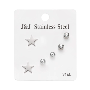 Detail of 3-pair stainless steel earring set featuring stars, zircons and round metal beads