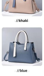 Detail of khaki and blue faux leather tote bags with lychee texture and metal hardware