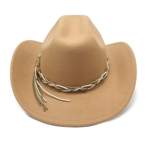 Close-up of camel wool felt western cowboy hat with a colorful woven tassel band