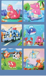 Set of 6 wooden peg puzzles for kids with animals and vehicles for early education