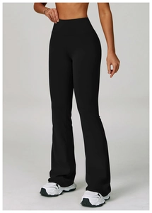Close-up of high-waisted flared yoga leggings with slimming effect and premium elastic fabric