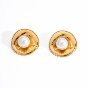 Irregular golden oval stud earrings with large white pearl inlay on white background