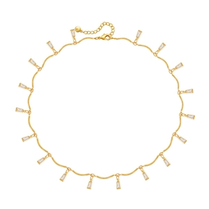 Elegant 18K gold plated wave chain necklace featuring sparkling rectangular zircon pendants