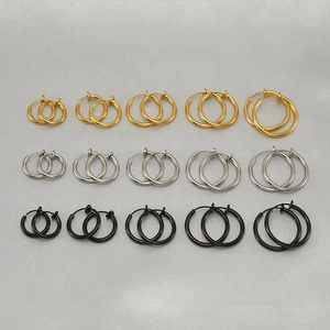 Polished stainless steel non-piercing hoop earrings in gold silver and black colors