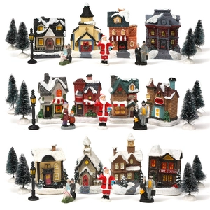 Christmas Village Miniature House Decorations Glowing Resin LED Snow View Desktop Tabletop Xmas Party Ornament Gift