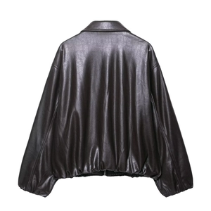 Women's faux leather bomber jacket with a relaxed silhouette and elasticated hem back view