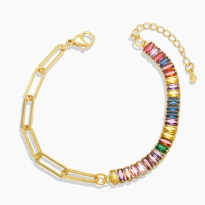 Gold paperclip chain bracelet featuring vibrant rainbow rectangle gemstones and adjustable clasp