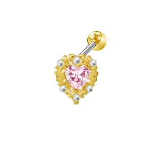 Orecchino a cuore dorato con zircone rosa e piccoli accenti di perle bianche
