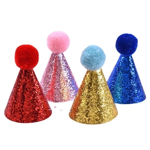 Colorful sequin birthday hats for dogs and cats with plush pompom and glitter finish