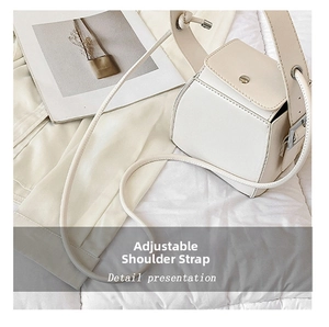 Detail view of the beige PU leather small square bag showing the adjustable shoulder strap