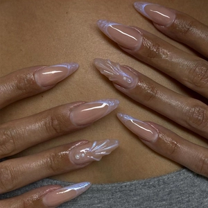 3D Muschel Press On Nägel Nude Mandelform Aurora Künstliche Perle French Tip Elegante Künstliche Falsche Nägel Für Damen