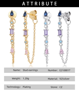Detailed macro view showing S925 hallmark on colorful zircon tassel stud earrings
