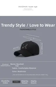 Detailed size chart for the black M-letter baseball cap with 8cm brim and adjustable strap