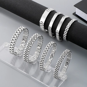 Polished silver stainless steel watch-style link bracelets in various widths and finishes