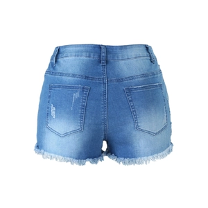 Short en jean bleu clair délavé pour femme avec ourlets effilochés et poches arrière