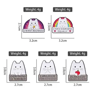 Funny white cat enamel pins set with rainbow accents and sarcastic humor slogans