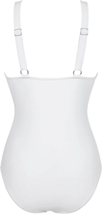 Detail of white one-piece swimsuit featuring adjustable straps and a low open back design