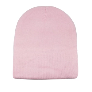 Classic light pink knitted beanie hat with a minimalist solid color for winter warmth