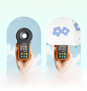 UV protection test showing over 99% block rate on floral white umbrella with digital meter