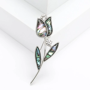 Vintage Alloy Tulip Brooch With Abalone Shell Rhinestone Inlay Elegant Silver Flower Pin For Women Apparel Jewelry Accessory