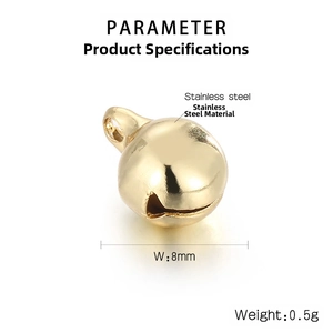 Detailed macro view of 8mm golden stainless steel bell pendant charm for jewelry making