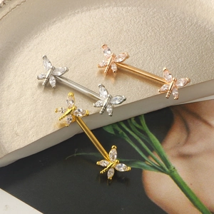 Dragonfly nipple barbells in gold and silver finish with sparkling zircon crystals