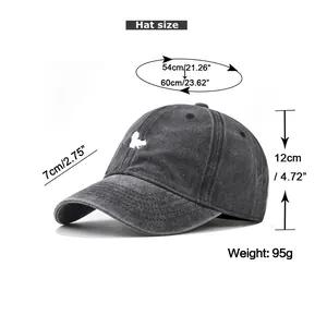 Size chart for washed cotton baseball cap with squirrel embroidery showing dimensions