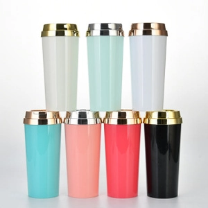 Multiple colorful double-walled acrylic travel mugs with metallic lids on white background