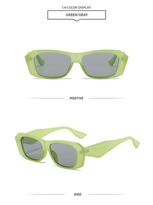 Front and side views of green polygon sunglasses with gray lenses on white background