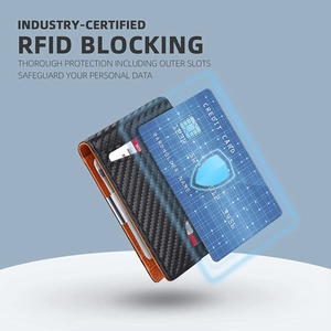 Detail view of carbon fiber wallet with orange lining and blue RFID blocking shield icon