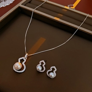 Elegant Gourd Pendant Necklace And Earring With Zircon Imitation Artificial Pearl Copper Silver Earring Post For Women Luxury Jewelry