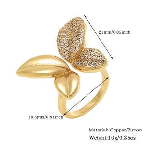 Macro view of golden butterfly ring made of copper and zircon with dimensions and weight