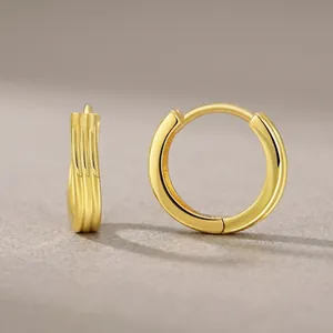 Round Hoop Earrings 18K Gold Plated Brass Wave Texture Polished Geometric Minimalist Jewelry For Women Elegant Fashion