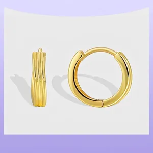 Round Hoop Earrings 18K Gold Plated Brass Wave Texture Polished Geometric Minimalist Jewelry For Women Elegant Fashion