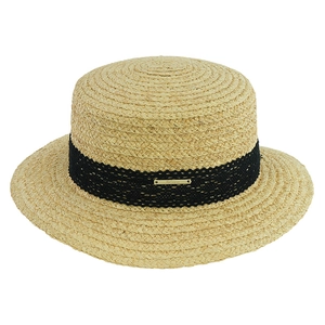 Detailed weave pattern of a khaki straw Panama hat with black lace and gold buckle