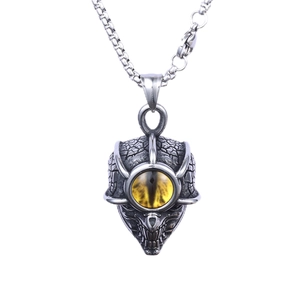 Gothic silver skull necklace with yellow cat eye stone pendant and vintage metal chain