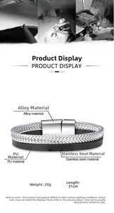 Detailed view of men's leather and woven metal bracelet with magnetic alloy clasp