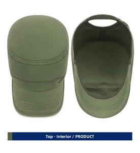 Top and interior view of army green cotton flat cap showing seams and adjustable buckle