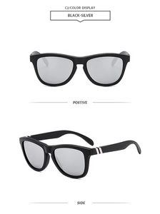 Front and side view of square black sunglasses with silver mirrored lenses for UV protection