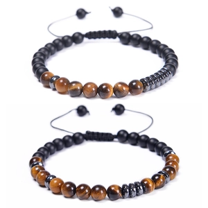 Morse Code beaded bracelet set with tiger eye and matte black stones for mother and daughter