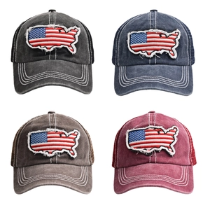 Vintage washed American flag baseball caps in four colors with mesh back and map patch